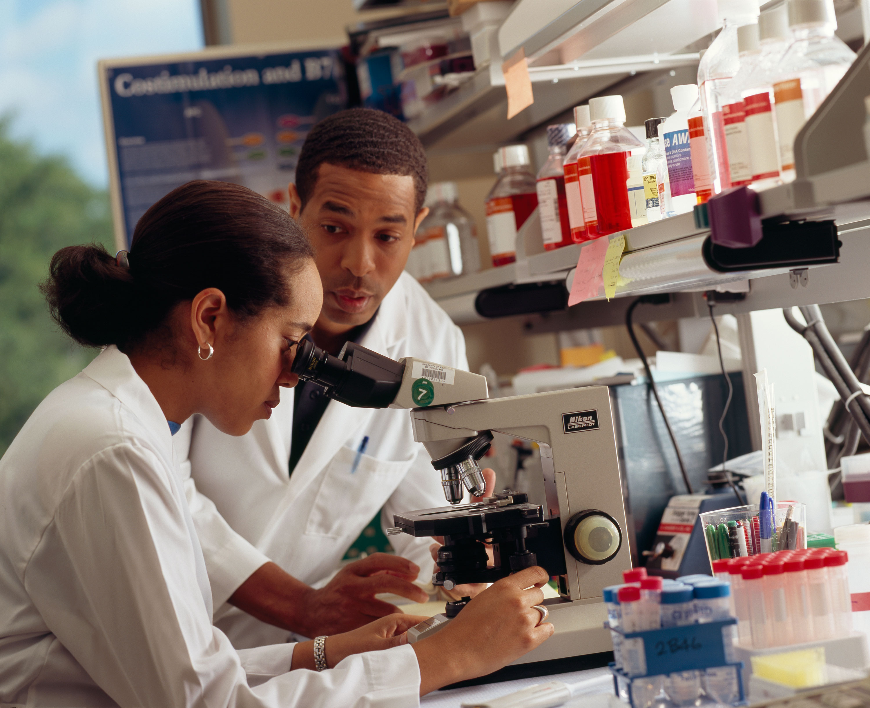 Researcher using laboratory microscope